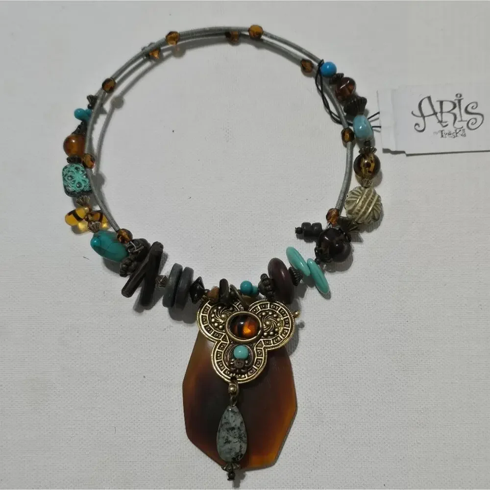Treska‎ Turquoise and Brown Pendant Wrap Collar Necklace New